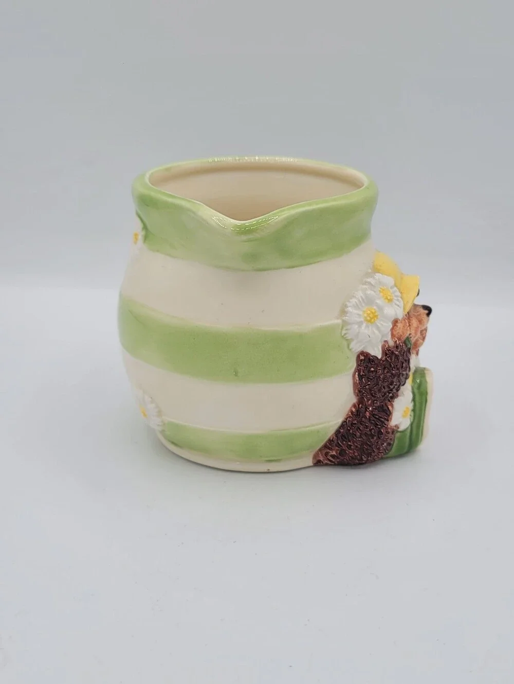 Country Companions Hedgehog Creamer Milk Jug Green Stripe Daisy Ceramic Pitcher
